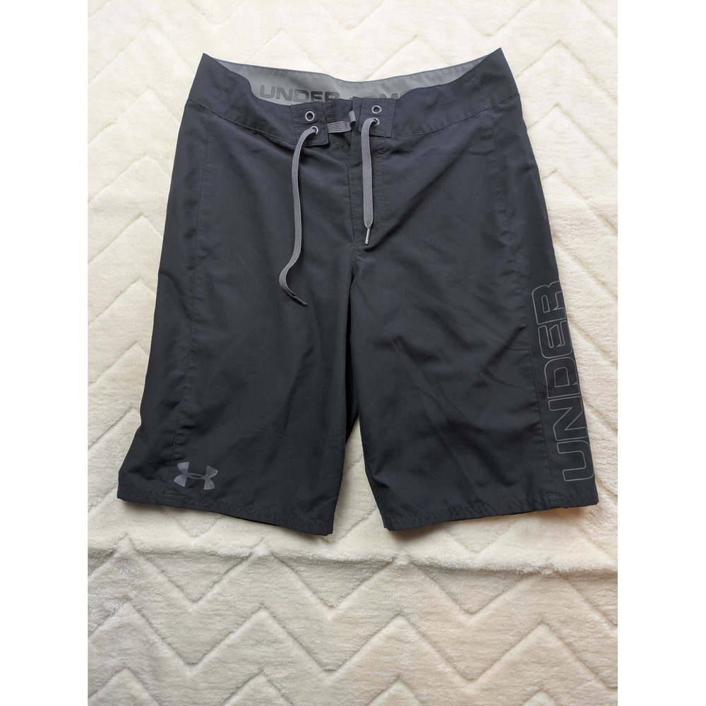 Under Armour Mens Black Board Shorts Drawstring Swim Trunks Logo Size 34